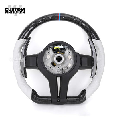 BMW Custom Carbon Fibre Steering Wheel – White Perforated Leather | M-Stripe Marker | Plug & Play | Fits older models