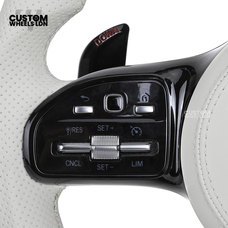 Mercedes Custom AMG Flat Bottom Steering Wheel – White Leather & White Flake Forged Carbon, White Stripe, Black Trim, Touch Control Buttons, AMG Badge | Fits C-Class, E-Class, CLS, GLC, GLE, G-Class + more | Plug & Play | Retrofit Upgrade for Older Models