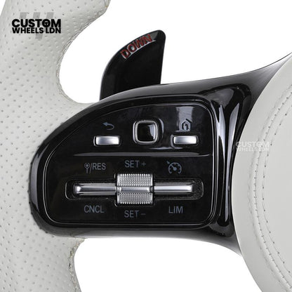 Mercedes Custom AMG Flat Bottom Steering Wheel – White Leather & White Flake Forged Carbon, White Stripe, Black Trim, Touch Control Buttons, AMG Badge | Fits C-Class, E-Class, CLS, GLC, GLE, G-Class + more | Plug & Play | Retrofit Upgrade for Older Models