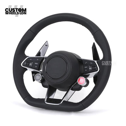 Audi Custom R8-Style Flat Bottom Steering Wheel – Black Leather, Gloss Black Paddles, Start Button, Retrofit Wiring Kit Included | Fits A4, A5, S5, A6, A7, Q5, SQ5 + more | Plug & Play | With Airbag | Upgrade for Older Models Available