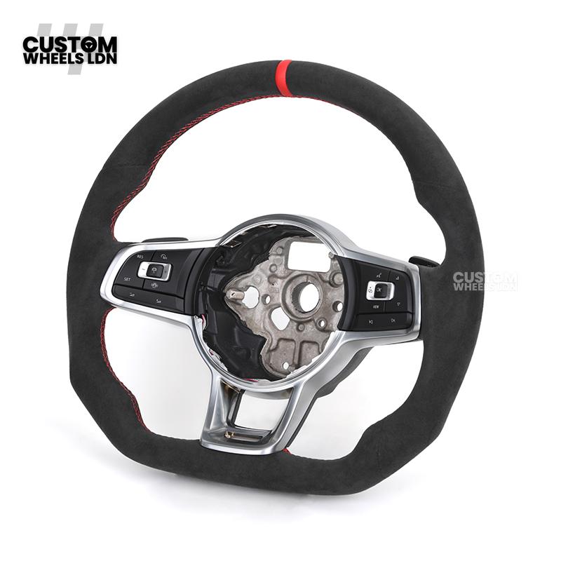 VW MK7 Custom Steering Wheel | Full Alcantara Wrap, Red Stitching & Stripe | Complete Plug & Play Wheel | Fits Golf MK7, GTI, R + more