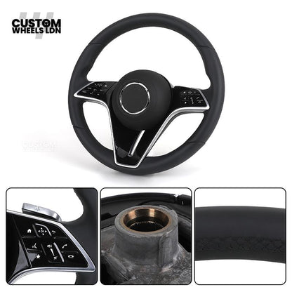 Mercedes Custom W223 Flat Bottom Steering Wheel – Smooth Black Leather, Gloss Black Trim, Touch Control Buttons | Fits S-Class W223, GLE, GLS, E-Class W213 Facelift + more | Plug & Play | With Airbag | Retrofit Upgrade for Older Models Available