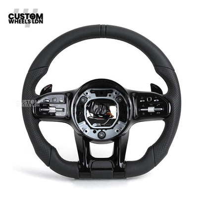 Mercedes Custom AMG Flat Bottom Steering Wheel – Black Leather, Smooth Top & Bottom, Piano Black Trim, Touch Control Buttons, AMG Badge | Fits C-Class, E-Class, CLS, GLC, GLE, G-Class + more | Plug & Play | Retrofit Upgrade for Older Models