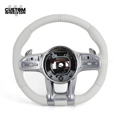 Mercedes Custom AMG Flat Bottom Steering Wheel – White Leather, Perforated Sides, Silver AMG Trim, Touch Buttons & Silver Paddles | Fits W205 C-Class, W213 E-Class, GLC, GLE, CLS + more | Plug & Play |  Airbag | Retrofit Upgrade for Older Model Available