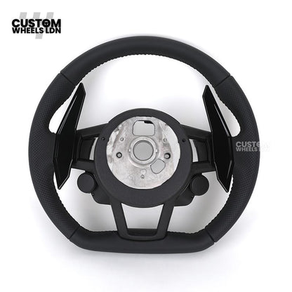 Audi Custom R8-Style Flat Bottom Steering Wheel – Black Leather, Black Stitching, Gloss Black Paddles, Start Button | Fits A4, A5, S5, A6, A7, S6, S7, Q5, SQ5 + more | Plug & Play | With Airbag | Upgrade for Older Models Available