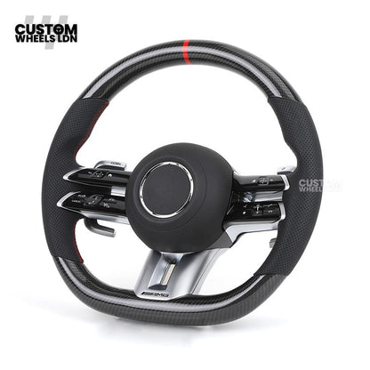 Mercedes Custom W223 AMG Flat Bottom Steering Wheel – Carbon Top & Bottom, Red Center Stripe, Perforated Grips, Silver Paddles, Touch Control Buttons | Fits C63, E63, S63, GLE, GLS, W223 + more | Plug & Play | With Airbag | Retrofit Upgrade for Older Mode