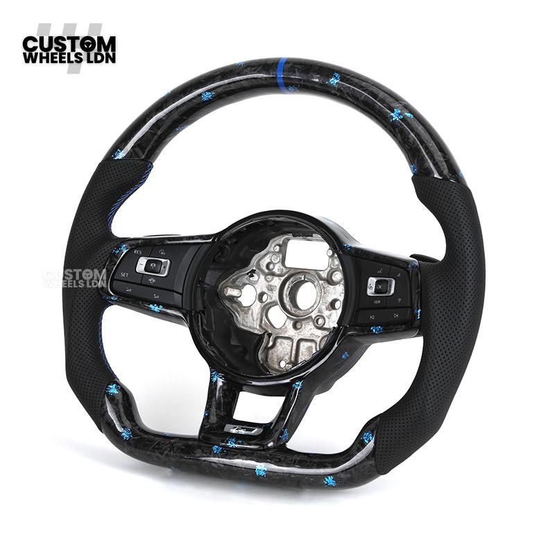 Volkswagen MK7 Custom Steering Wheel – Blue Forged Carbon with Blue Stitching & Stripe, Perforated Leather Grips | Fits Golf GTI, R, Scirocco + more | Plug & Play