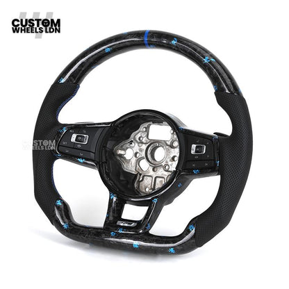Volkswagen MK7 Custom Steering Wheel – Blue Forged Carbon with Blue Stitching & Stripe, Perforated Leather Grips | Fits Golf GTI, R, Scirocco + more | Plug & Play