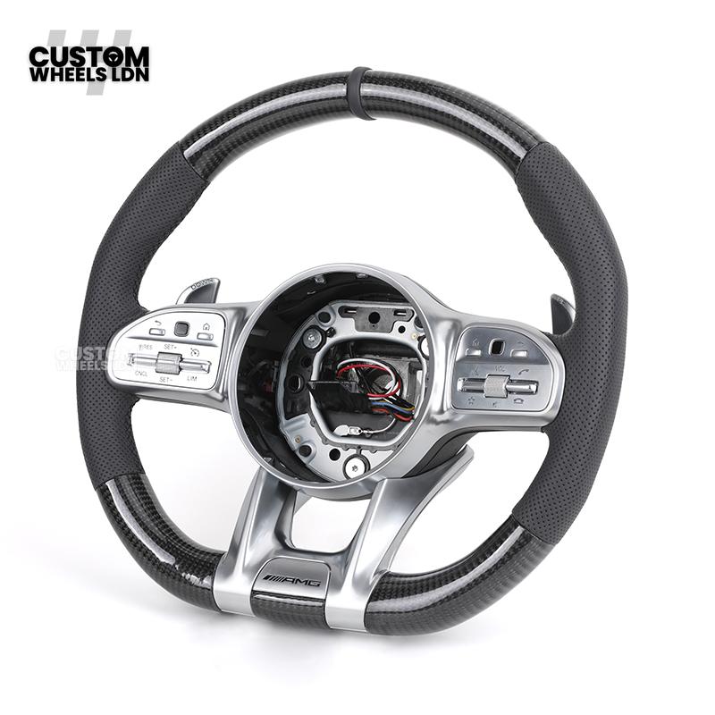 Mercedes Custom Steering Wheel | AMG Style Carbon & Leather | Full Black with Silver Trim | Complete Retrofit for Older Models | Fits W204 W212 W218 + more