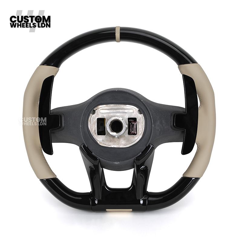 Mercedes Custom Steering Wheel | AMG Style Piano Black with Beige Leather & Stripe | Silver Paddles | Complete Retrofit for Older Models | Fits W205 W204 W212 W213 W218 W207 + more