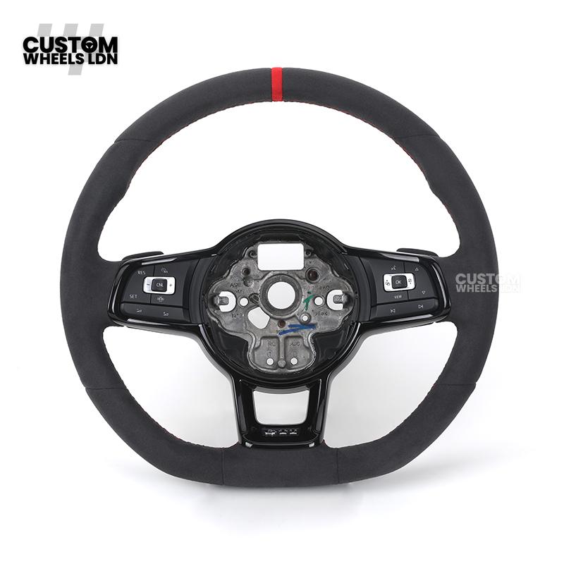 VW MK7 Custom Steering Wheel | Alcantara Wrap, Red Centre Stripe, Full Plug & Play Complete Wheel | Fits Golf MK7, GTI, R + more