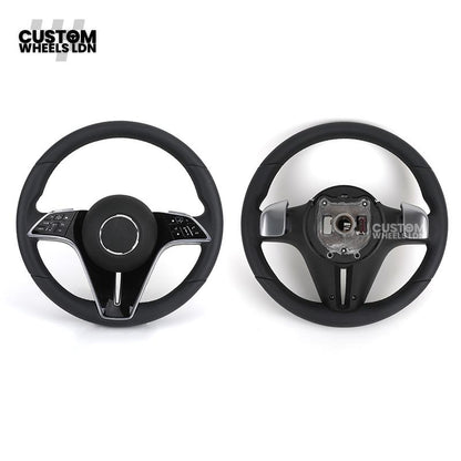Mercedes Custom W223 Flat Bottom Steering Wheel – Smooth Black Leather, Gloss Black Trim, Touch Control Buttons | Fits S-Class W223, GLE, GLS, E-Class W213 Facelift + more | Plug & Play | With Airbag | Retrofit Upgrade for Older Models Available