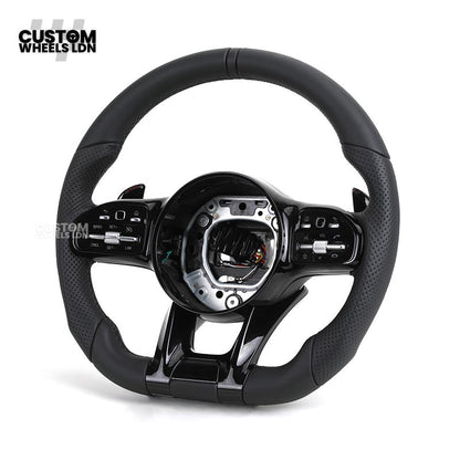 Mercedes Custom AMG Flat Bottom Steering Wheel – Black Leather, Smooth Top & Bottom, Piano Black Trim, Touch Control Buttons, AMG Badge | Fits C-Class, E-Class, CLS, GLC, GLE, G-Class + more | Plug & Play | Retrofit Upgrade for Older Models