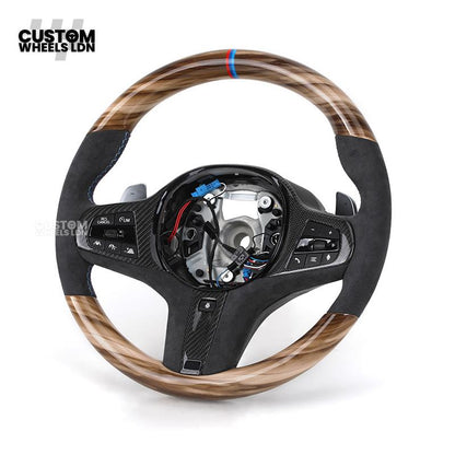 BMW Custom G-Series Steering Wheel – Gloss Wood Carbon, Flat Bottom, Alcantara Airbag – Fits G20 G21 G22 G30 G15 G05 G07 + more