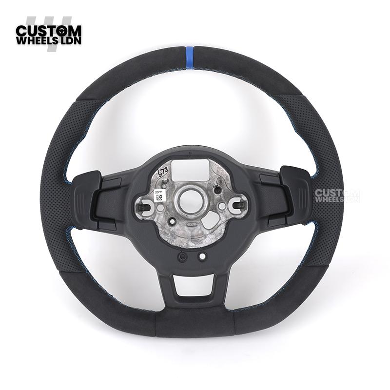 Volkswagen Custom Steering Wheel – Alcantara & Perforated Leather, Blue Centre Stripe, Flat Bottom, OEM Buttons | Fits Golf GTI, R, Polo, Passat + more | Plug & Play Retrofit Upgrade
