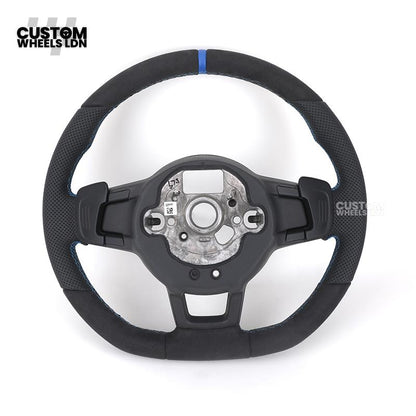 Volkswagen Custom Steering Wheel – Alcantara & Perforated Leather, Blue Centre Stripe, Flat Bottom, OEM Buttons | Fits Golf GTI, R, Polo, Passat + more | Plug & Play Retrofit Upgrade
