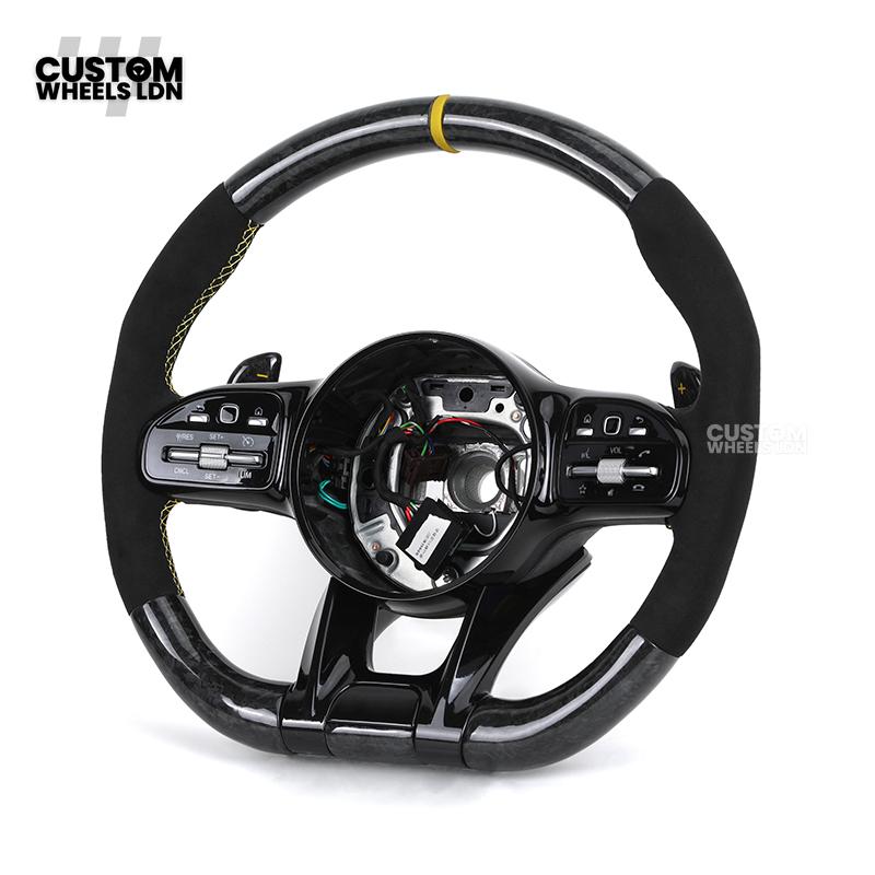 Mercedes Custom AMG Steering Wheel Alcantara & Forged Carbon | Yellow Stitching & Stripe | AMG Edition 1 | Paddle Shifters | Complete Retrofit | Fits GLC, GLE, CLS, E-Class, C-Class, W205, W213 + more