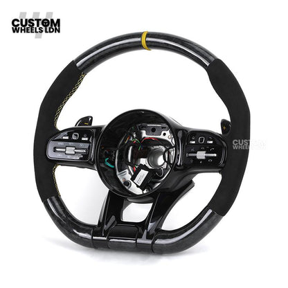 Mercedes Custom AMG Steering Wheel Alcantara & Forged Carbon | Yellow Stitching & Stripe | AMG Edition 1 | Paddle Shifters | Complete Retrofit | Fits GLC, GLE, CLS, E-Class, C-Class, W205, W213 + more