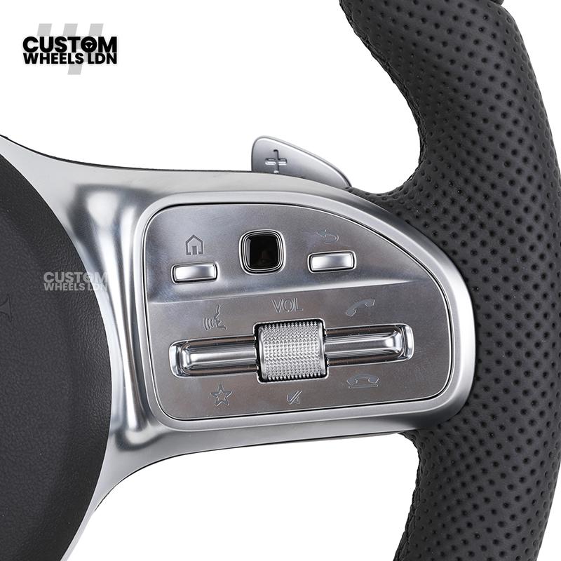 Mercedes Custom Steering Wheel – Satin Silver Spokes, Perforated Leather Grip, Flat Bottom Design | Complete Wheel with Airbag | Plug & Play | Retrofit for Older Models | Fits C-Class, E-Class, GLC, W205, W213, CLA + more