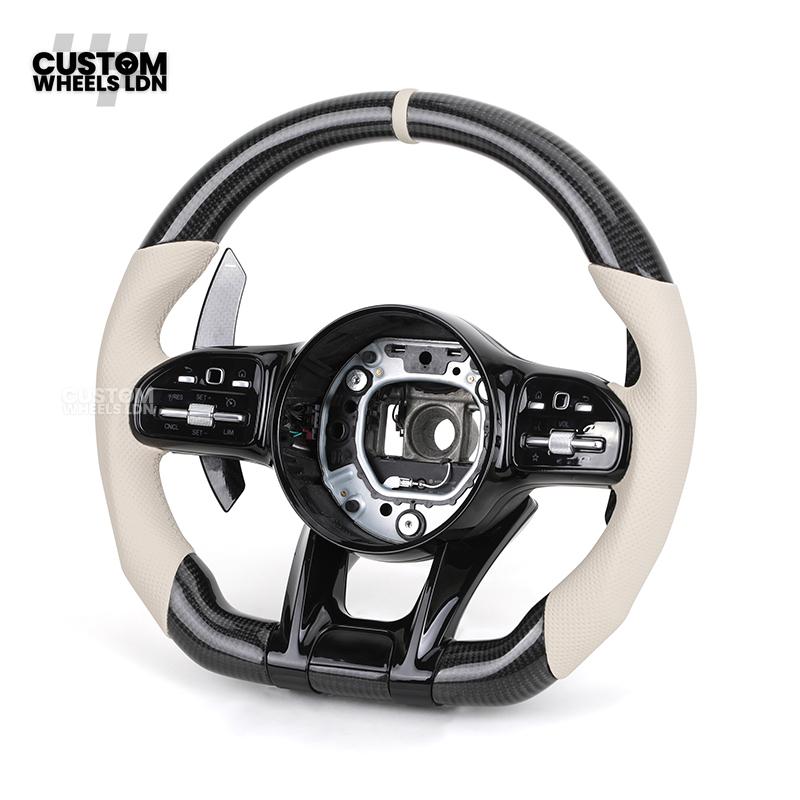 Mercedes Custom Steering Wheel | Piano Black & Carbon Fibre with Cream Leather & Beige Stripe | AMG Style | Complete Retrofit | Fits W205 W204 W212 W213 W218 + more