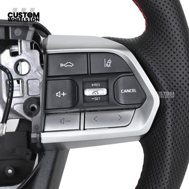 Toyota Custom GR Steering Wheel – Carbon Fiber, Flat Bottom, Red Center Stripe, Perforated Grips | Fits Yaris GR, Corolla GR + More | Plug & Play | Sporty Upgrade with Paddle Cutouts | Track-Inspired Retrofit