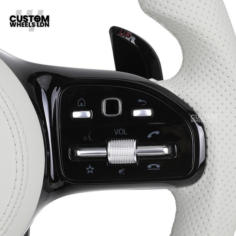 Mercedes Custom AMG Flat Bottom Steering Wheel – White Leather & White Flake Forged Carbon, White Stripe, Black Trim, Touch Control Buttons, AMG Badge | Fits C-Class, E-Class, CLS, GLC, GLE, G-Class + more | Plug & Play | Retrofit Upgrade for Older Models