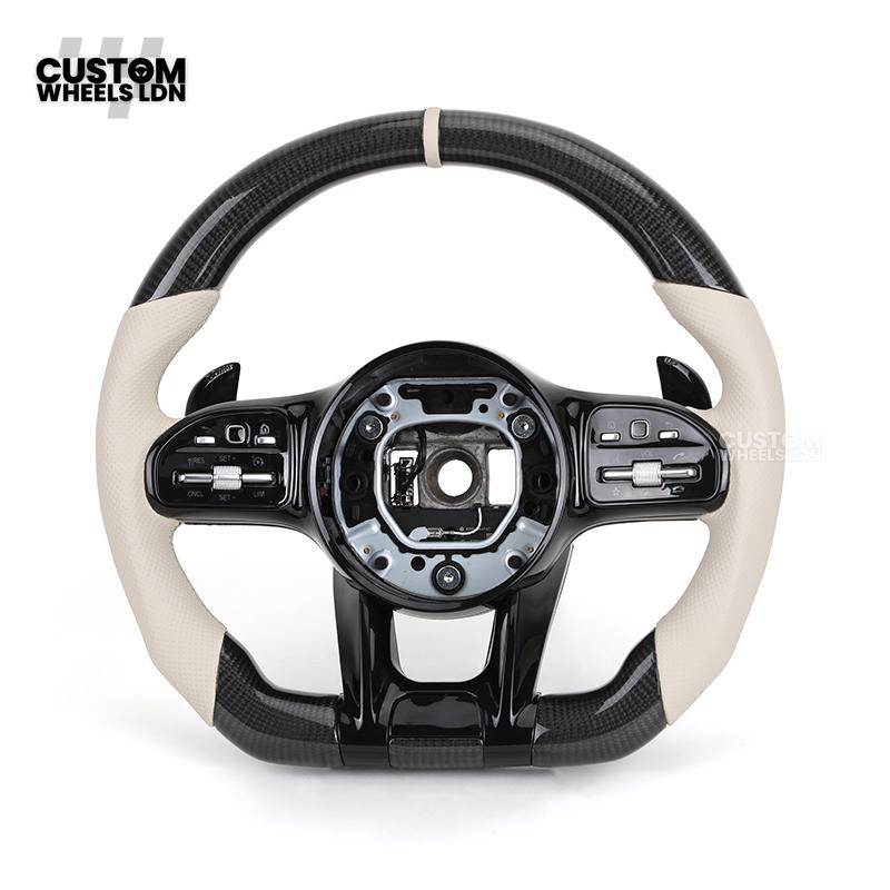 Mercedes Custom Steering Wheel | Piano Black & Carbon Fibre with Full Cream Leather | AMG Style | Complete Retrofit | Fits W205 W204 W212 W213 W218 + more