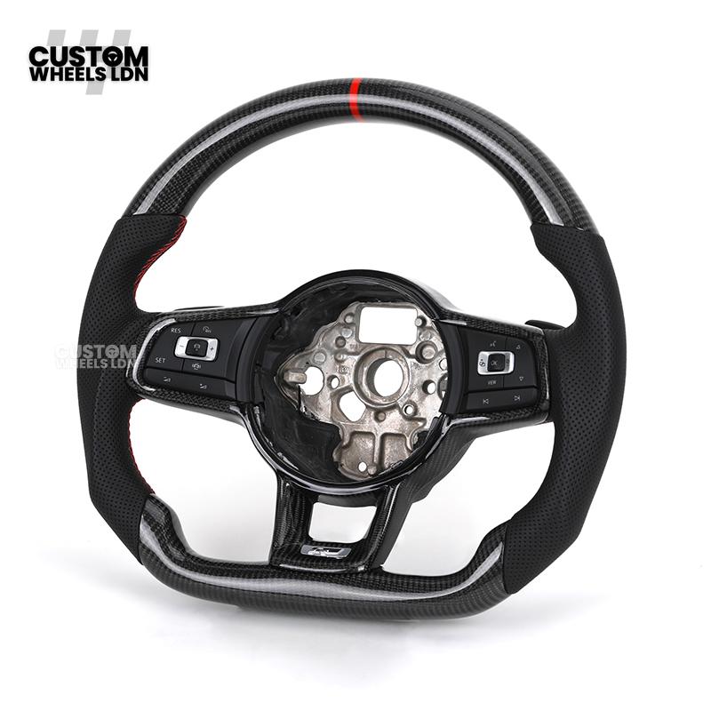 Volkswagen MK7 Custom Steering Wheel – Carbon Fibre with Red Centre Stripe, Perforated Leather Grips | Fits Golf GTI, R, Scirocco + more | Plug & Play