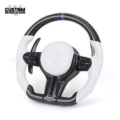 BMW Custom Carbon Fibre Steering Wheel – White Perforated Leather | M-Stripe Marker | Plug & Play | Fits older models