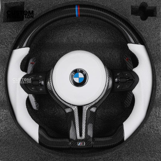 BMW Custom Carbon Fibre Steering Wheel – White Perforated Leather | M-Stripe Marker, Magnetic Paddle Shifter's | Plug & Play | Fits older models