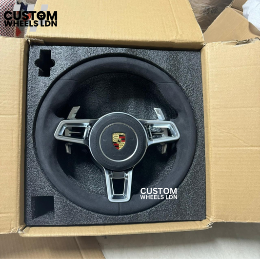 Porsche Custom Steering Wheel – Alcantara with Silver Trim | Fits 997, 991, Cayenne, Panamera (2000+ Plug & Play)
