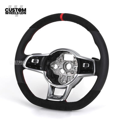 Volkswagen Custom Steering Wheel – Alcantara Top & Bottom, Perforated Leather Grips, Red Stripe, Flat Bottom, OEM Buttons | Fits Golf MK7/7.5, GTI, R, Polo + more | Plug & Play Upgrade