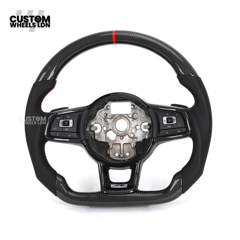 Volkswagen MK7 Custom Steering Wheel – Carbon Fibre with Red Centre Stripe, Perforated Leather Grips | Fits Golf GTI, R, Scirocco + more | Plug & Play