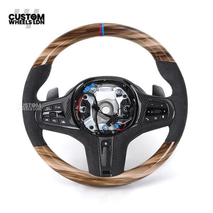 BMW Custom G-Series Steering Wheel – Gloss Wood Carbon, Flat Bottom, Alcantara Airbag – Fits G20 G21 G22 G30 G15 G05 G07 + more