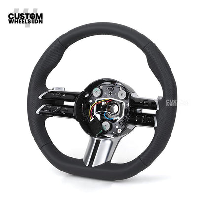 Mercedes Custom W223 Flat Bottom Steering Wheel – Black Leather, Tan Stitching, Silver Trim, Touch Control Buttons | Fits S-Class W223, GLE, GLS, E-Class W213 Facelift + more | Plug & Play | With Airbag | Retrofit Upgrade for Older Models Available