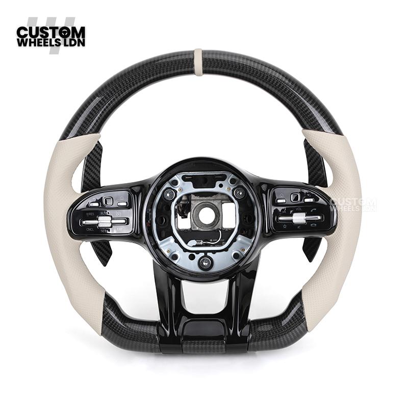 Mercedes Custom Steering Wheel | Piano Black & Carbon Fibre with Cream Leather & Beige Stripe | AMG Style | Complete Retrofit | Fits W205 W204 W212 W213 W218 + more