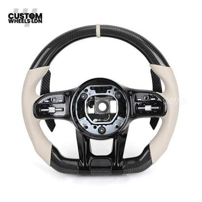 Mercedes Custom Steering Wheel | Piano Black & Carbon Fibre with Cream Leather & Beige Stripe | AMG Style | Complete Retrofit | Fits W205 W204 W212 W213 W218 + more