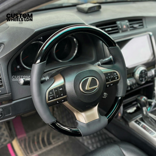 Lexus Custom Steering Wheel – Gloss Woodgrain & Matte Black Leather | OEM-Style Luxury Upgrade | Fits RX, GS, IS, NX, CT + More | Plug & Play | Comfort-Focused Premium Finish
