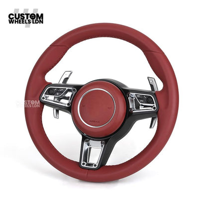 Porsche Custom Steering Wheel – Full Red Leather with Chrome Trim | Fits 997, 991, Panamera, Cayenne, Cayman (2000+ Plug & Play)