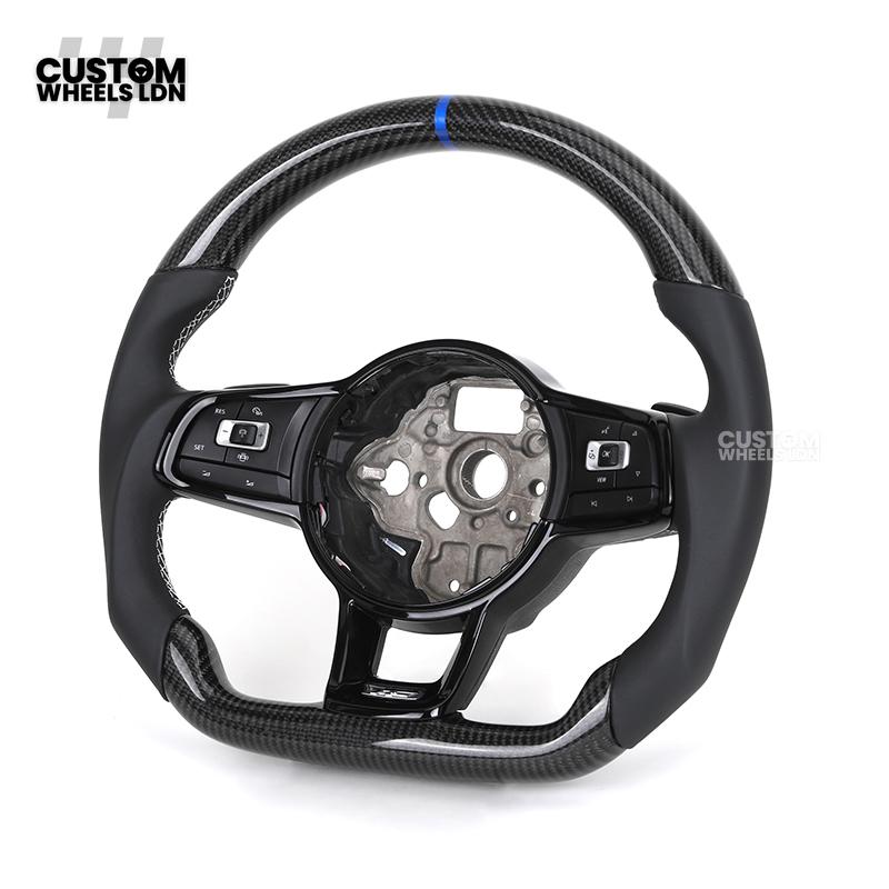 Volkswagen MK7 Custom Steering Wheel – Blue Center Stripe | Carbon Fibre & Leather | Plug & Play | Complete Steering Wheel | Fits Golf MK7 / MK6 GTI, R + more