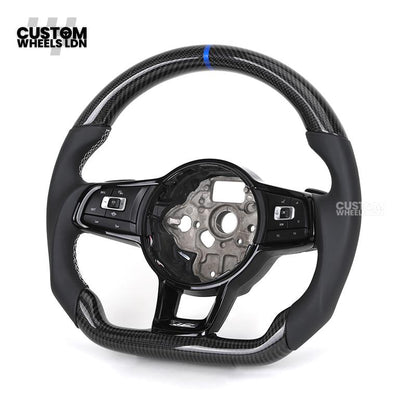 Volkswagen MK7 Custom Steering Wheel – Blue Center Stripe | Carbon Fibre & Leather | Plug & Play | Complete Steering Wheel | Fits Golf MK7 / MK6 GTI, R + more