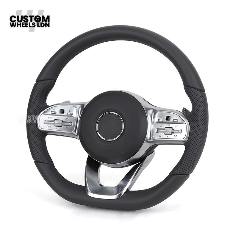 Mercedes Custom Steering Wheel – Satin Silver Spokes, Perforated Leather Grip, Flat Bottom Design | Complete Wheel with Airbag | Plug & Play | Retrofit for Older Models | Fits C-Class, E-Class, GLC, W205, W213, CLA + more