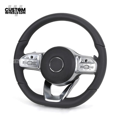 Mercedes Custom Steering Wheel – Satin Silver Spokes, Perforated Leather Grip, Flat Bottom Design | Complete Wheel with Airbag | Plug & Play | Retrofit for Older Models | Fits C-Class, E-Class, GLC, W205, W213, CLA + more