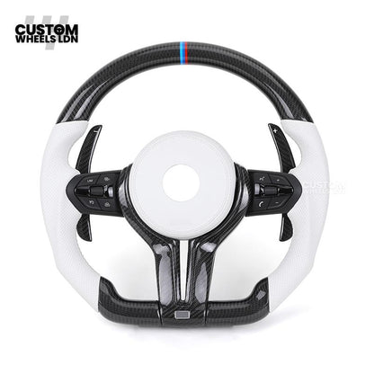 BMW Custom Carbon Fibre Steering Wheel – White Perforated Leather | M-Stripe Marker | Plug & Play | Fits older models