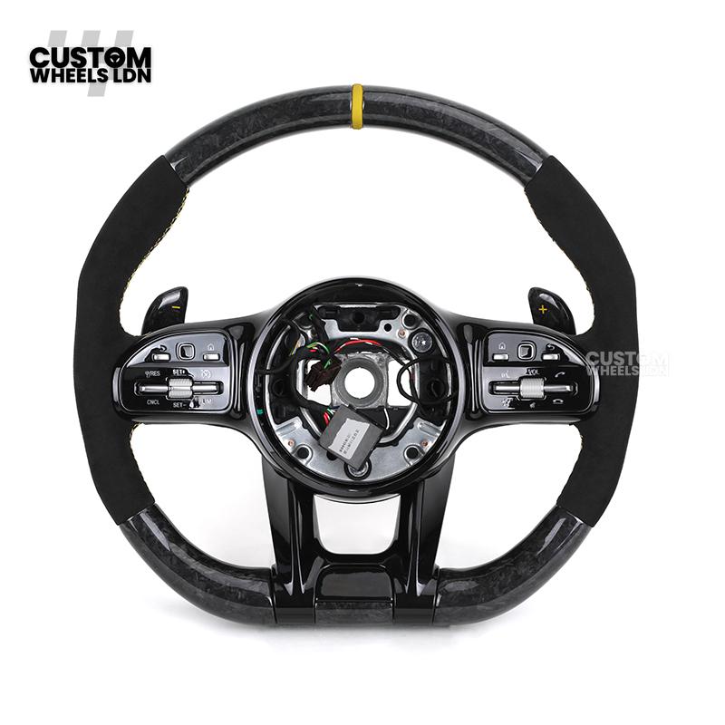 Mercedes Custom AMG Steering Wheel Alcantara & Forged Carbon | Yellow Stitching & Stripe | AMG Edition 1 | Paddle Shifters | Complete Retrofit | Fits GLC, GLE, CLS, E-Class, C-Class, W205, W213 + more