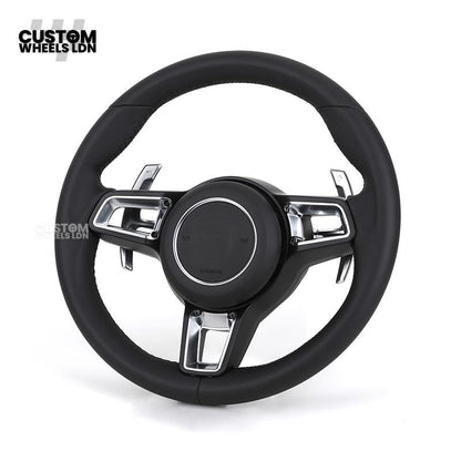 Porsche Custom Steering Wheel – Black Leather with Chrome Trim | Fits 997, 991, Panamera, Cayenne, Cayman (2000+ Plug & Play)