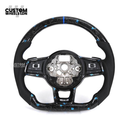 Volkswagen MK7 Custom Steering Wheel – Blue Forged Carbon with Blue Stitching & Stripe, Perforated Leather Grips | Fits Golf GTI, R, Scirocco + more | Plug & Play