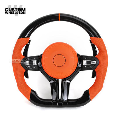 BMW Custom F-Series Piano Black & Orange Steering Wheel – Perforated Grip | Fits F20 F22 F30 F32 F36 M2 M3 M4 + more