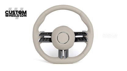 Mercedes Custom W223 Flat Bottom Steering Wheel – Beige Leather, Gloss Black Trim, Touch Control Buttons | Fits S-Class W223, GLE, GLS, E-Class W213 Facelift + more | Plug & Play | With Airbag | Retrofit Upgrade for Older Models Available