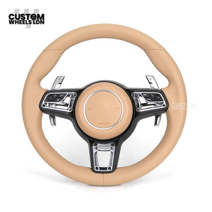 Porsche Custom Steering Wheel – Beige Leather with Chrome Trim | Fits 997, 991, Panamera, Cayenne (2000+ Plug & Play)